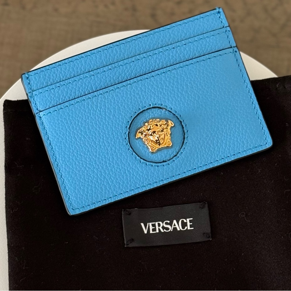 Versace Blue Card Holder with Gold Medusa Logo